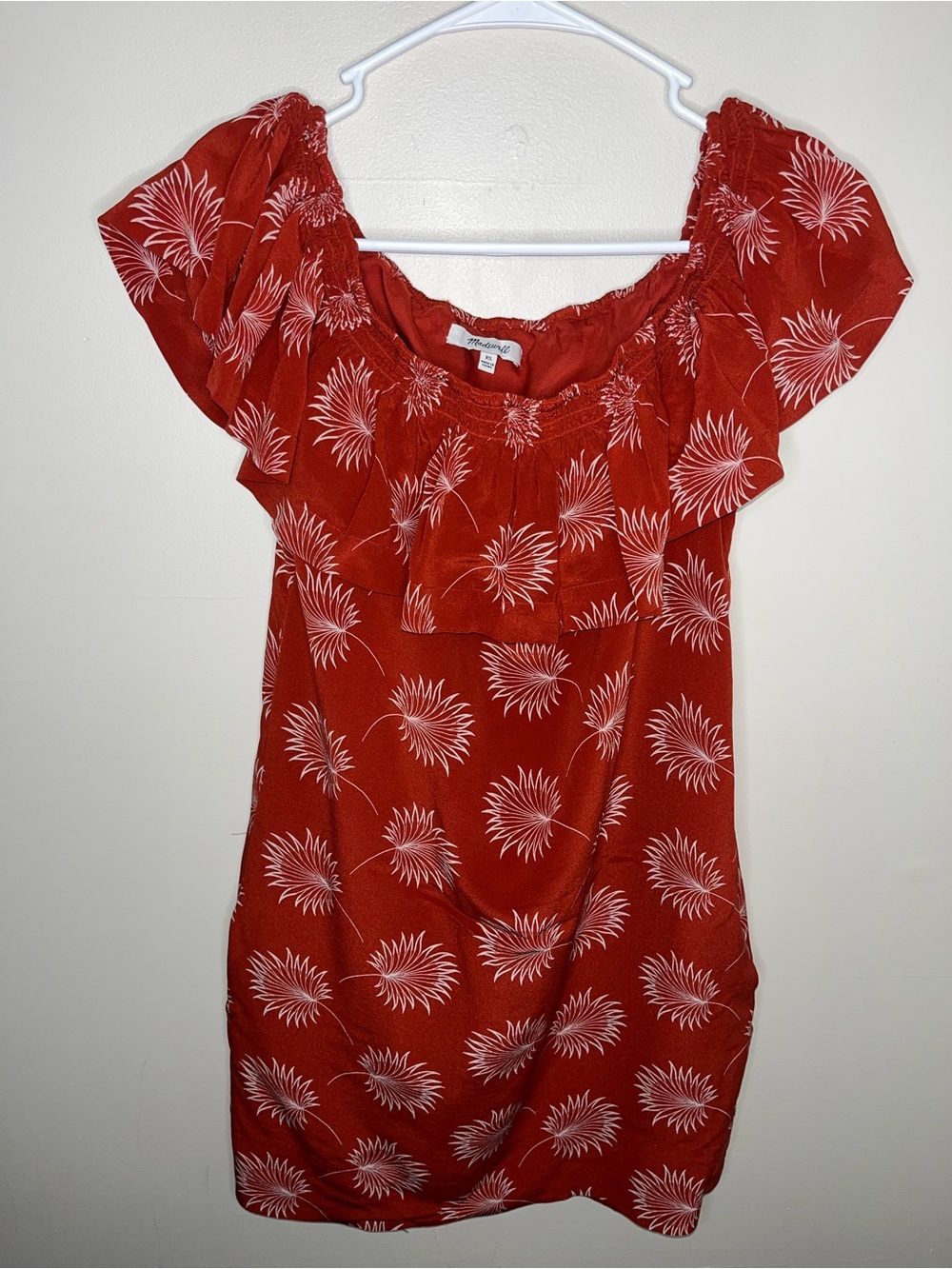 Madewell Silk Off Shoulder Shift Dress Red Tropical Print Women's Size XS EUC